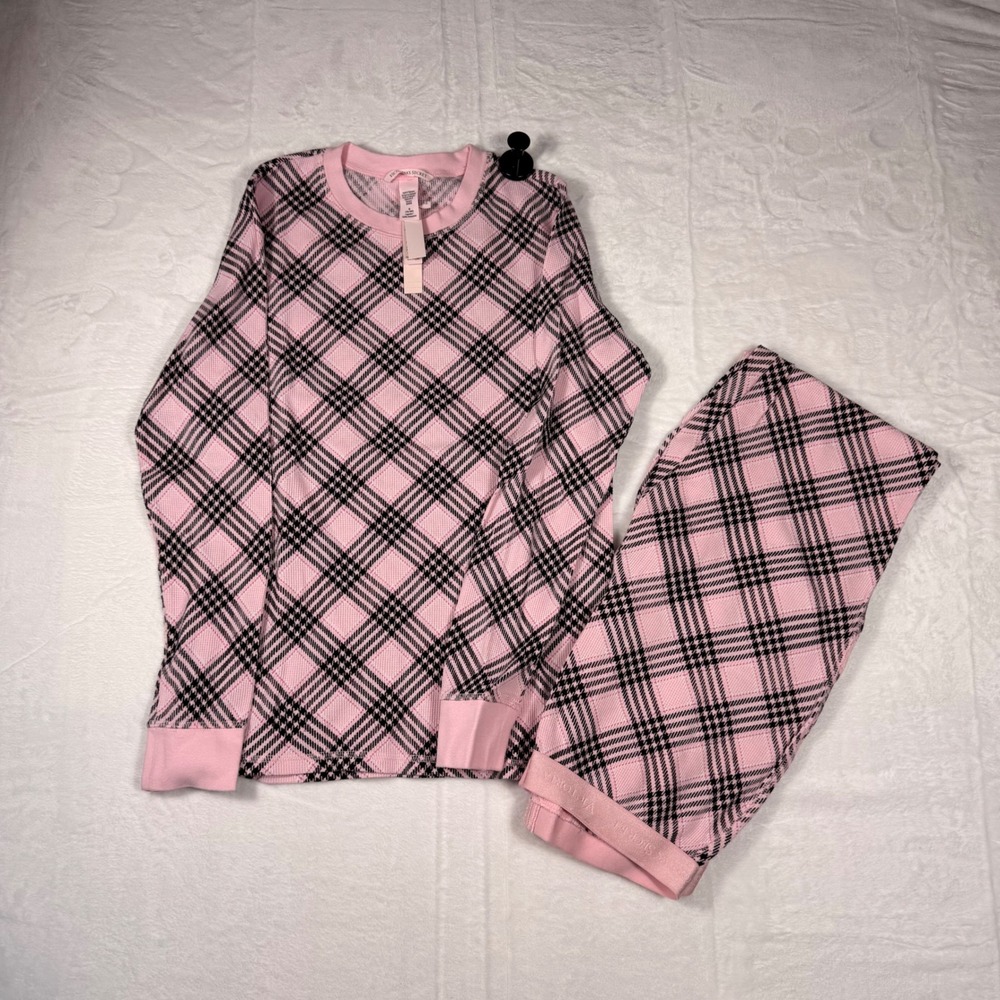 Victoria's Secret Pink Black Plaid Thermal Waffle Knit Pajama Set Size M NWT
